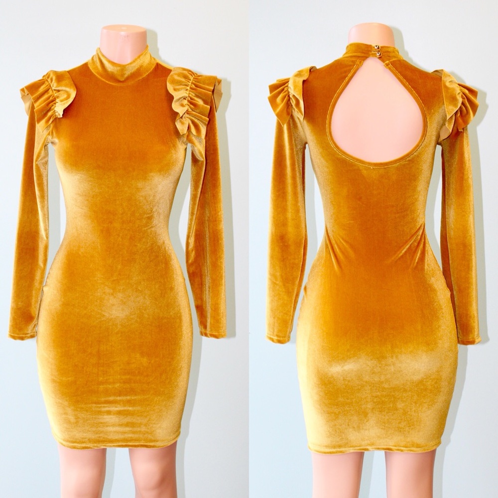 Mustard Ruffled Shoulder Dress